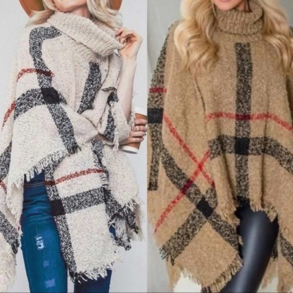 040 Cozy Turtleneck Plaid Frayed Hem Poncho - Picture 3 of 16